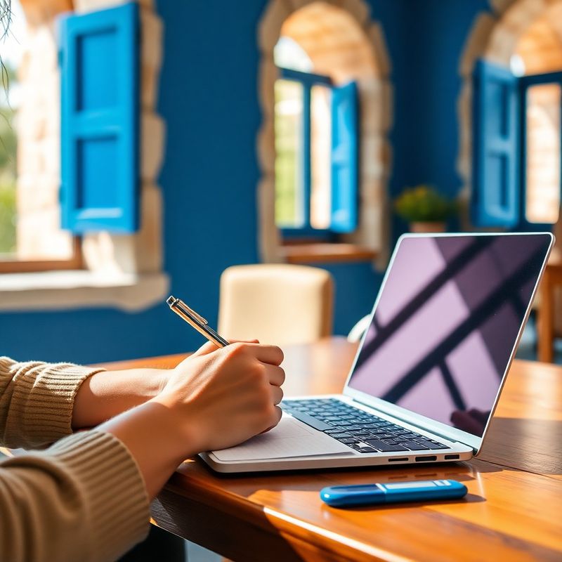Ruke pišu bilješke uz otvoreni laptop u indigo-toniranom prostoru za učenje